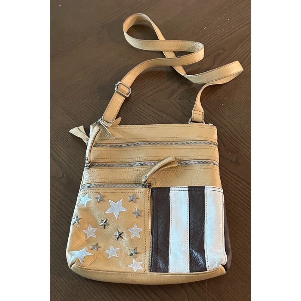 Vintage Sharif American Flag Style Leather Tan Brown Crossbody Handbag Purse‎